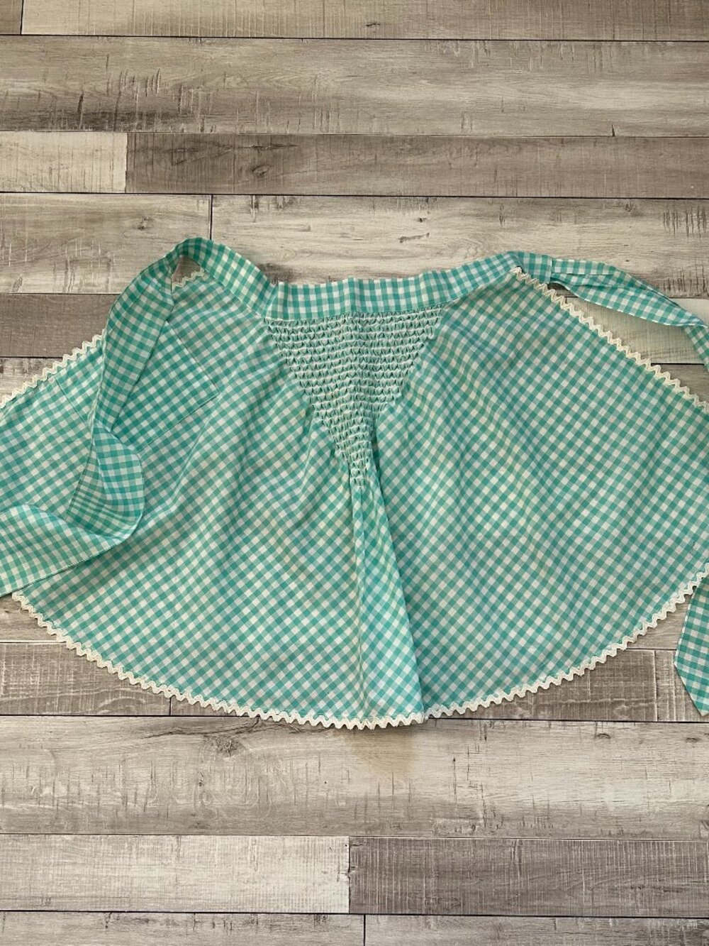 VTG Handmade Half Apron Cotton Gingham Smocked with Rickrack